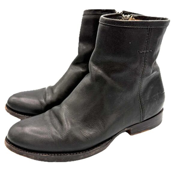 Frye Campus Zip Ankle Boots Women 7B Black Leather Round Toe Western Minimalist - Picture 2 of 10